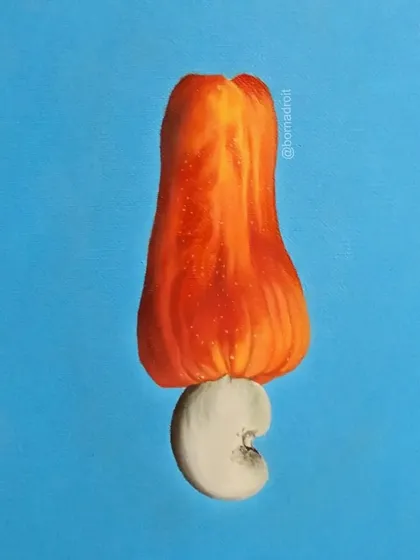 A still life painting of a cashew apple, created using oils on paper. The vibrant colors and smooth finish were achieved by carefully blending the oil paints.
