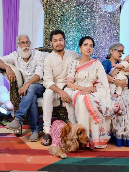 A complete family portrait from Shlok's Annaprashan, with all generations present.