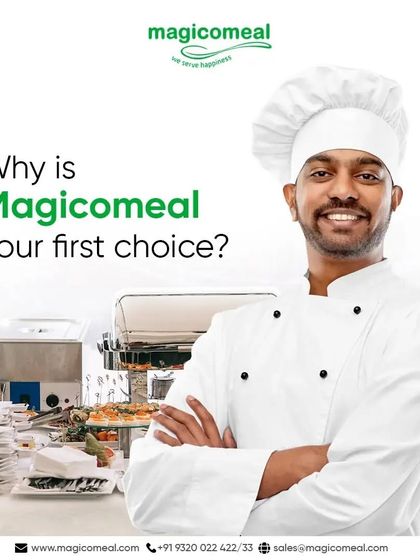 Why is Magicomeal your first choice? Because my expertise, represented here by a confident chef in front of a full buffet setup, guarantees a successful and delicious event every time.