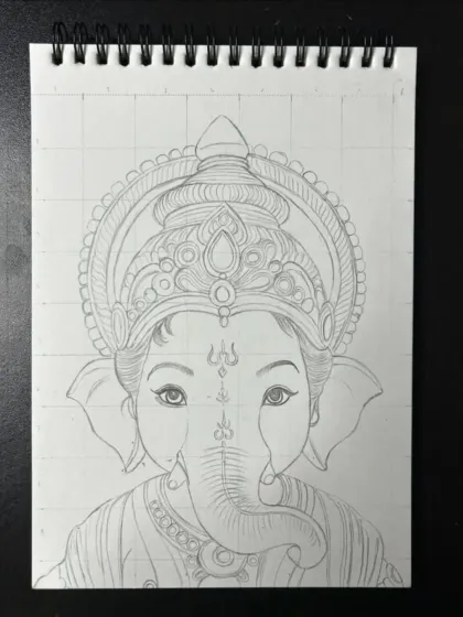 The finished pencil outline of Ganpati Bappa. This clean, detailed line work is a piece of art in itself and can be commissioned as a standalone sketch or as the base for a full painting.