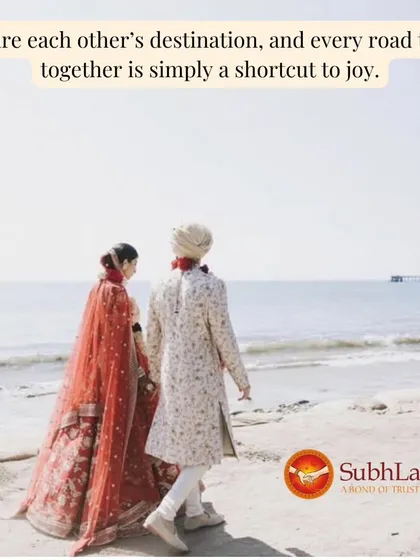 A bride and groom in their wedding attire walk along the beach, hand in hand. Finding your destination in each other is the ultimate goal of our personalized matrimonial service.