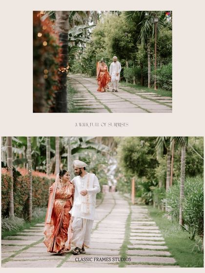 A walk to remember through a beautiful resort pathway. This shot captures the couple in a relaxed, natural moment, showcasing the beauty of a destination wedding venue.
