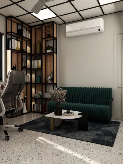 The layout ensures a clear separation between the work desk and the relaxation area with the sofa, promoting a healthy work-life balance even within the same room.