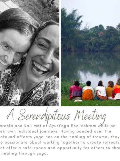 Captions will provide specific details about each retreat, its facilitators, and the daily activities, as seen in the media (e.g., "Learn the theory of Qigong and Traditional Chinese Medicine," "A serendipitous meeting at our ashram led to the creation of our Yin Yang Yoga retreat," "Daily offerings at our Bhakti retreat include kirtan and ecstatic dance.").