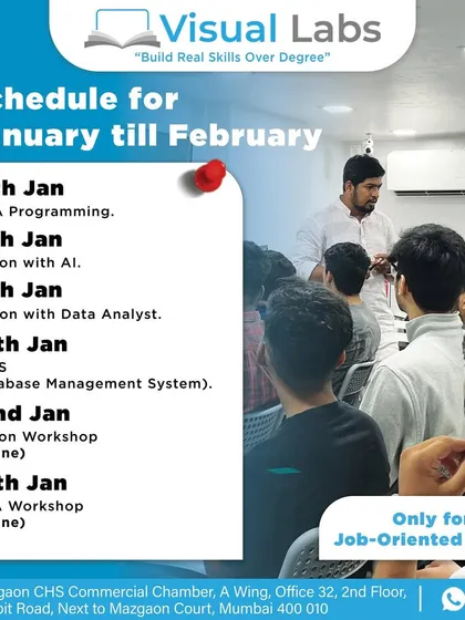 Our schedule for job oriented courses, including Java Programming, Python with AI, Data Analysis, and DBMS. We also offer online workshops.