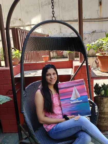 A beautiful finished sailboat painting, a testament to a relaxing and productive day of art. This student did a wonderful job on her first attempt.