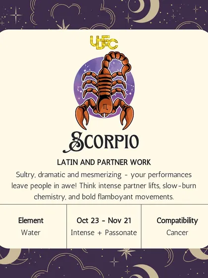 Scorpio, your style is intense and passionate. You mesmerize with sultry Latin and partner work, featuring slow-burn chemistry and bold movements.