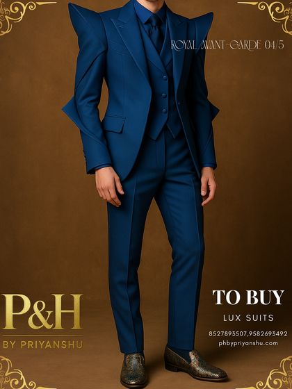 A closer view of the rare blue suit, focusing on the jacket's structure and the way the light catches the fabric. This shot highlights the expert tailoring around the waist and the sharp angles of the sleeves.