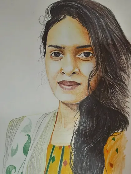 A commissioned portrait of a woman, created with color pencils on A3 paper. I focused on the subtle colors of her outfit and the natural tones of her skin and hair.