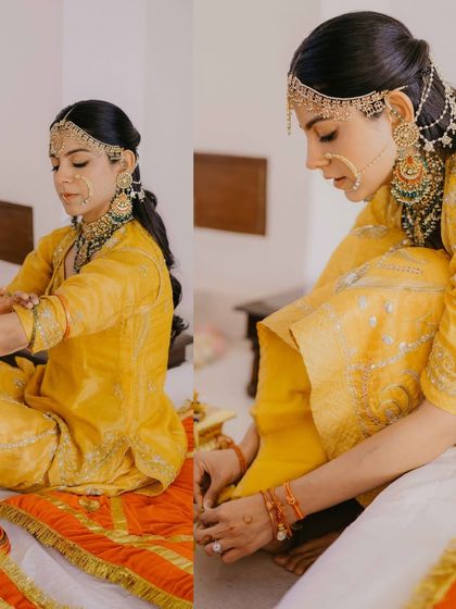 Getting ready moments. This collage shows the bride as she prepares, her expression serene and her makeup perfectly applied.