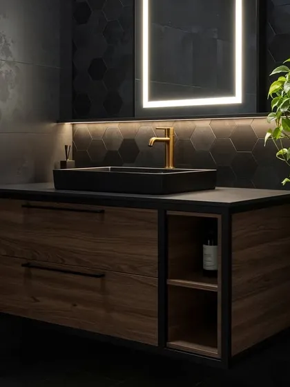 This modern bathroom combines dark hexagonal tiles with a floating wood vanity. The trailing plant adds a touch of organic softness to the moody, sophisticated space.