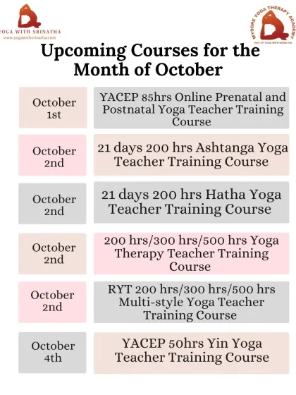 Our schedule of foundational and specialized courses for October, including Prenatal, Ashtanga, Hatha, Yoga Therapy, and Yin Yoga TTCs.