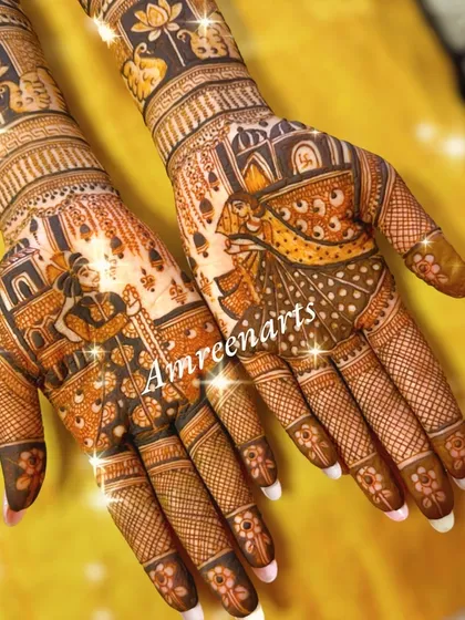 This is the kind of bridal mehandi I love to create, where every line tells a part of your story. This full-coverage design features detailed portraits of the bride and groom, a classic touch for your special day.