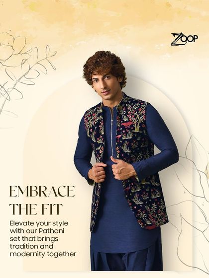 Embrace the perfect fit with our modern Pathani set. This deep blue ensemble, paired with an embroidered velvet jacket, seamlessly blends tradition with contemporary style for a sharp, festive look.