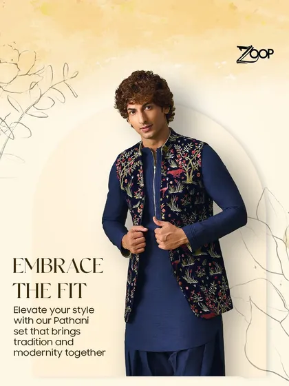 Embrace the perfect fit with our modern Pathani set. This deep blue ensemble, paired with an embroidered velvet jacket, seamlessly blends tradition with contemporary style for a sharp, festive look.