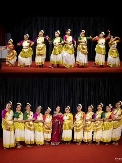 A collage showing our full ensemble on stage and with our Guru, celebrating the successful samarpanam of our first independent production.