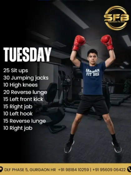 Here is a sample of our Tuesday workout plan. We provide a structured routine combining sit-ups, jumping jacks, lunges, and various kicks and punches to keep you on track.