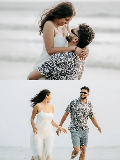 Two moments in one. A playful run in the waves and an intimate embrace, showing the variety of shots we can capture during a beach pre-wedding session.