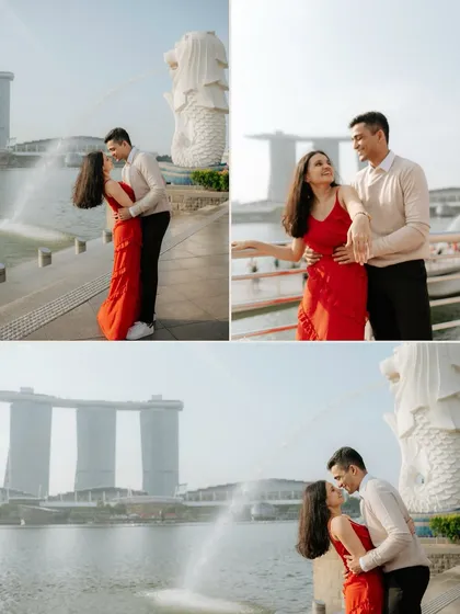 A series of photos captured at Singapore's iconic Merlion Park. We used famous landmarks like the Merlion and Marina Bay Sands to create memorable pre-wedding portraits.