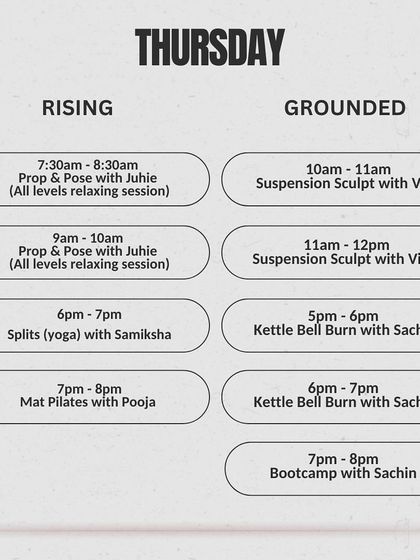 A Thursday schedule featuring Splits Yoga and Mat Pilates in the RISING studio, and Suspension Sculpt and Bootcamp in GROUNDED.