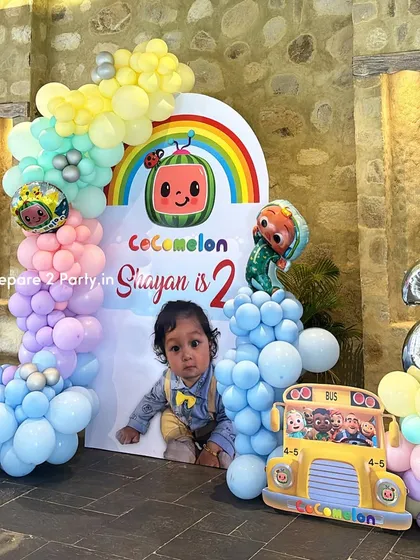 More examples of my popular Cocomelon themed birthday decorations, showcasing different arrangements with character cutouts, balloon arches, and personalized backdrops for first and second birthdays.