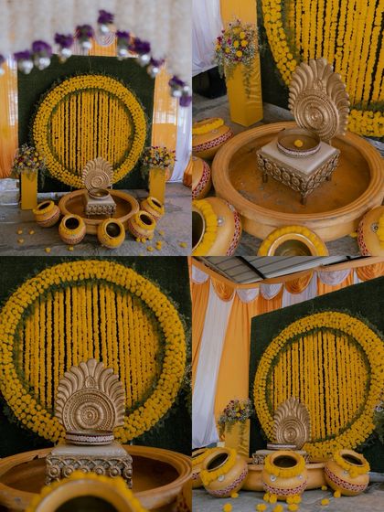 A collage showcasing the beautiful and traditional decor of a Mangalasnanam ceremony, with marigolds and earthen pots.