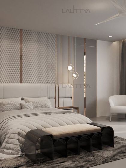 A beautifully appointed bedroom showcasing our signature style of quiet luxury. This space combines layered textures, a soothing color palette, and bespoke furniture to create a personal sanctuary for rest and relaxation.