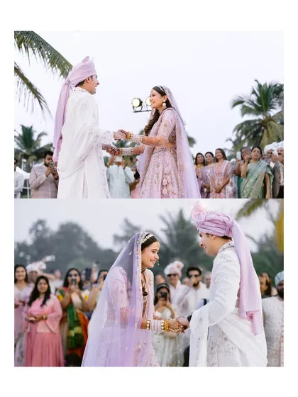 A two-part sequence of the couple exchanging garlands during their beachside varmala ceremony, capturing their joy and connection.