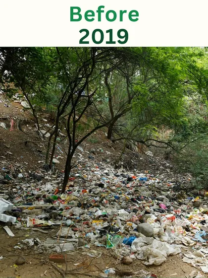 This was Sikanderpur Pahadi before we began our work. A forest silenced by over 500 tonnes of waste. Today, it is a comeback story, a thriving ecosystem with clean water and returning biodiversity, soon to be opened to the public.