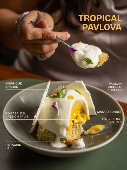 A diagram of our Tropical Pavlova, breaking down its components: pistachio cake, mango sorbet, pandan coconut custard, and meringue shards.