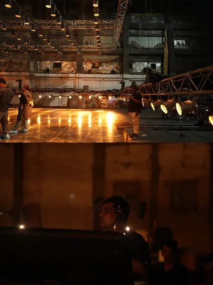 Our lighting technicians at the control board during the Mahindra shoot, programming the complex sequences for the Parcan grid.