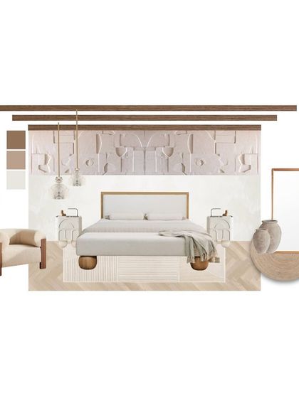 Another mood board from the same project, this time for a bedroom. The concept includes a textured art panel, minimalist furniture, and organic shapes.