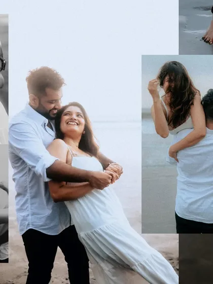 This collage captures the joy of a beach photoshoot, from piggyback rides to loving embraces. The mix of color and monochrome adds a dynamic feel.