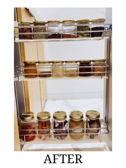 After: The same spice rack, now with uniform glass jars. This simple change not only looks better but also maximizes storage and ensures you have quick access to spices while cooking.