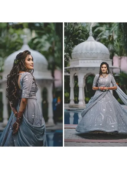 Two stunning portraits of the bride-to-be. The left shot captures her elegant profile, while the right shows the beautiful twirl of her lehenga.