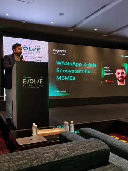 A speaker from Vyapar presents at the Evolve AI summit I hosted. My job includes introducing industry experts and ensuring their sessions are well-received by the audience.