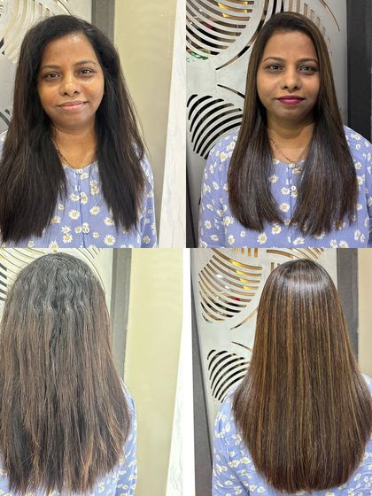 Before and after of a global highlights and Botox treatment. The result is smooth, shiny, and frizz-free hair with beautiful color.