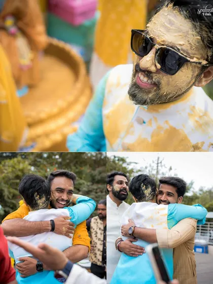 A collage of fun and emotional moments from a Haldi. From friends hugging the groom to the couple sharing a laugh, it’s a snapshot of the love that surrounds them.