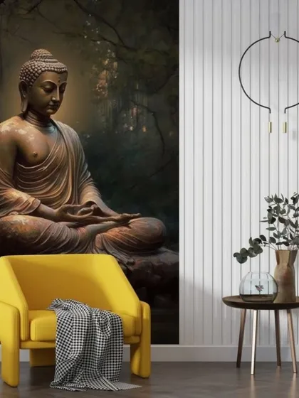 This wallpaper creates a peaceful corner with a depiction of Buddha meditating in a forest. It's a perfect design for creating a calm and reflective space.
