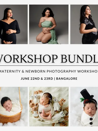 A visual collage promoting the workshop bundle for maternity and newborn photography.