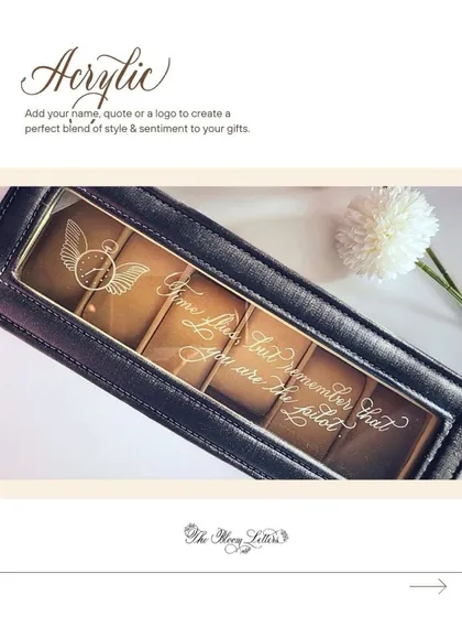 Add your name, a favorite quote, or a logo to an acrylic surface for a perfect blend of style and sentiment. This engraved watch box lid is a great example of how to personalize a modern gift.