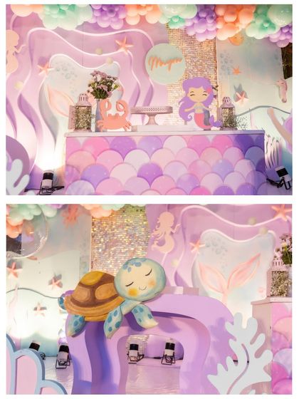 Details from our mermaid party, including a dessert bar with a purple scale pattern and a cute, sleepy turtle prop resting on a wave-like structure.
