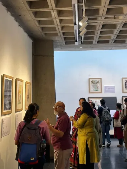 Visitors engaging with art at the "Scripted Dialogues" calligraphy exhibition in our Galerie Romain Rolland. We host a diverse calendar of art exhibitions that explore the creative exchange between French and Indian cultures.