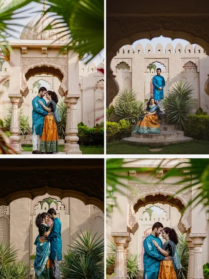A collage of pre-wedding photos set against stunning palatial architecture. It showcases a variety of poses, from intimate embraces to grand, scenic shots, highlighting the versatility of a heritage location.