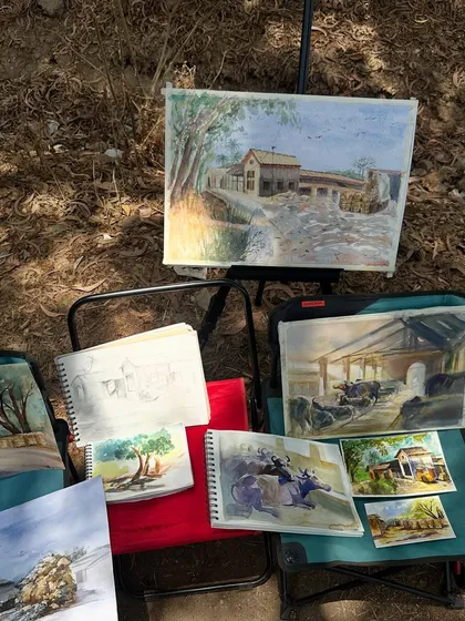 A beautiful spread of various artworks created during a sketch walk in Aarey Forest. It shows the different styles and perspectives of our artist group.
