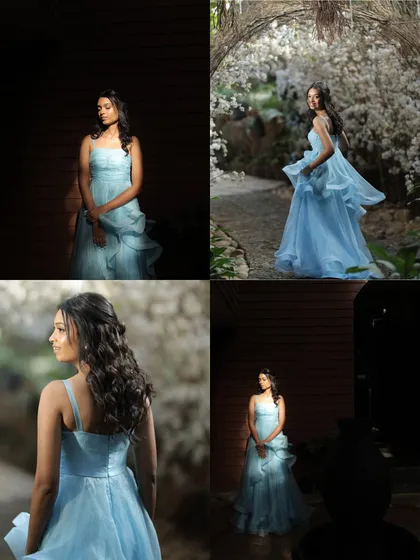 A collage showcasing the bride's elegance at her brunch event. The photos capture her in different lighting against the beautiful floral and rustic backdrops I created.