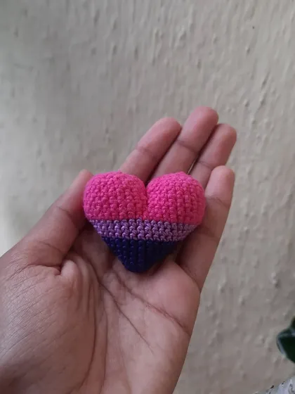 A close-up of the bisexual pride flag heart. I take care to get the colors and proportions just right for each flag I create.