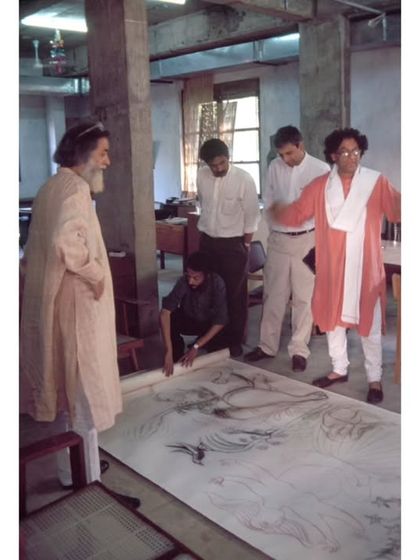 A behind-the-scenes look at the collaboration with artist Manjit Bawa for the LMW Headquarters. We are reviewing drawings for motifs that would later be cast into the railings, a process that infuses the architecture with artistic narrative.