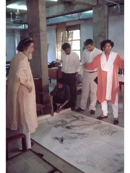A behind-the-scenes look at the collaboration with artist Manjit Bawa for the LMW Headquarters. We are reviewing drawings for motifs that would later be cast into the railings, a process that infuses the architecture with artistic narrative.