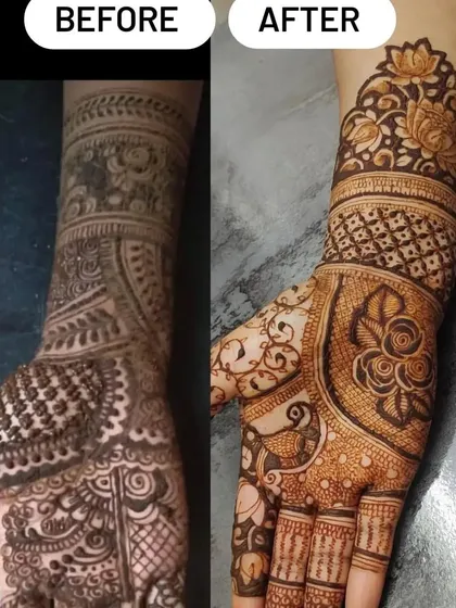 A before-and-after comparison, showing the transformation from a faded design to a fresh, intricate, and beautifully executed new one.